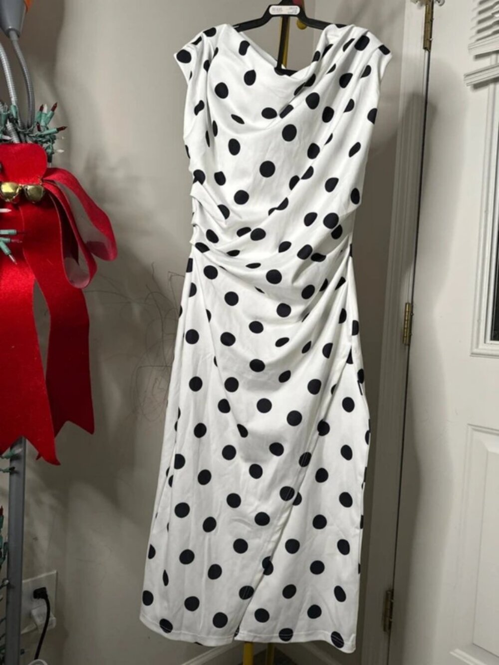 Chic Me Monochrome Polka dot draped Cowl neck with side rouching midi dress